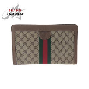 Gucci Sherry Brown Beige GG Supreme Canvas Leather Clutch Bag Shoulder